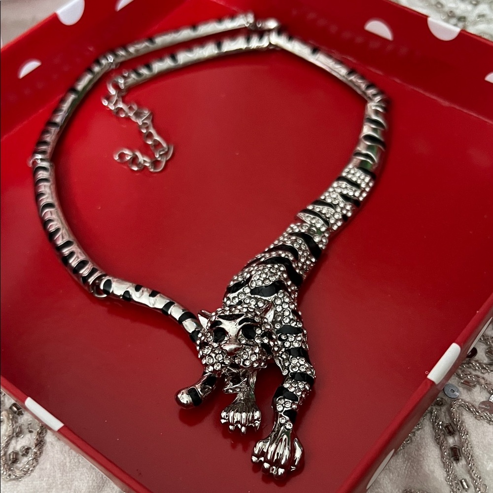 NTW Silver, Rhinestone, Painted Black Jaguar Collar Necklace Nordstrom - Picture 6 of 6